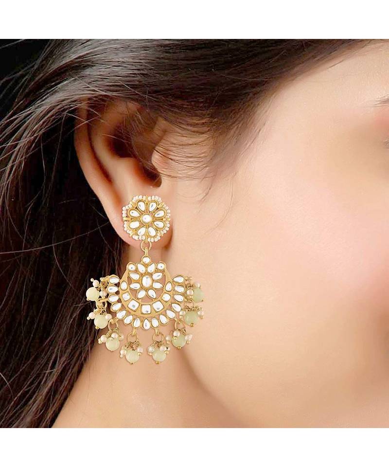 Traditional Matte Finish Kundan & Faux Pearl Chandbali Earrings with Maang Tikka Set