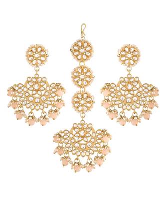 Matte Finish Kundan & Faux Pearl Chandbali Earrings with Maang Tikka Set 2