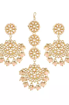 Matte Finish Kundan & Faux Pearl Chandbali Earrings with Maang Tikka Set
