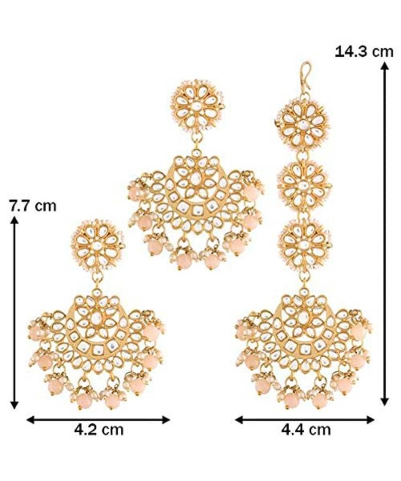 Matte Finish Kundan & Faux Pearl Chandbali Earrings with Maang Tikka Set