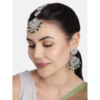 Rhodium Plated Kundan & Faux Pearl Chandbali Earrings with Maang Tikka Set 1