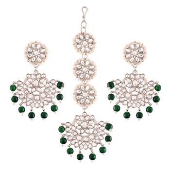 Rhodium Plated Kundan & Faux Pearl Chandbali Earrings with Maang Tikka Set 2