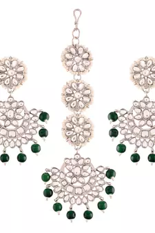 Rhodium Plated Kundan & Faux Pearl Chandbali Earrings with Maang Tikka Set