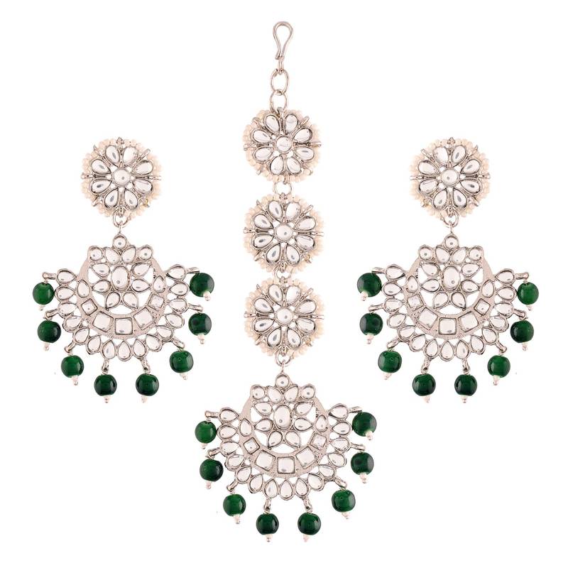 Rhodium Plated Kundan & Faux Pearl Chandbali Earrings with Maang Tikka Set