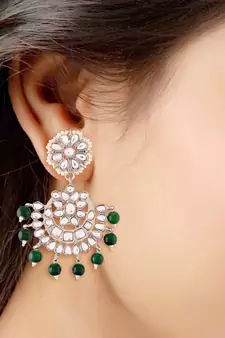 Rhodium Plated Kundan & Faux Pearl Chandbali Earrings with Maang Tikka Set