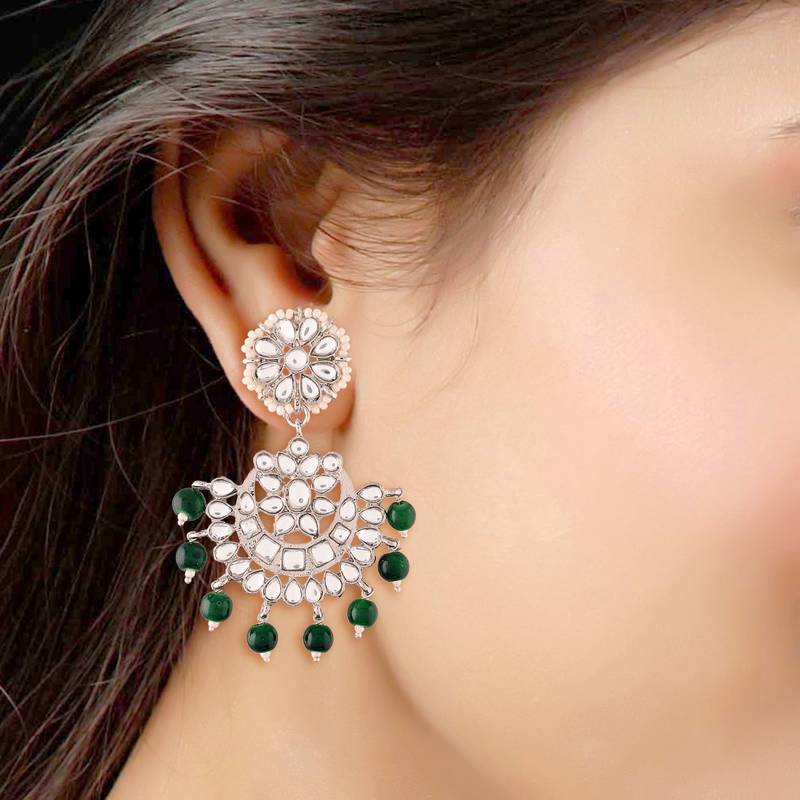 Rhodium Plated Kundan & Faux Pearl Chandbali Earrings with Maang Tikka Set