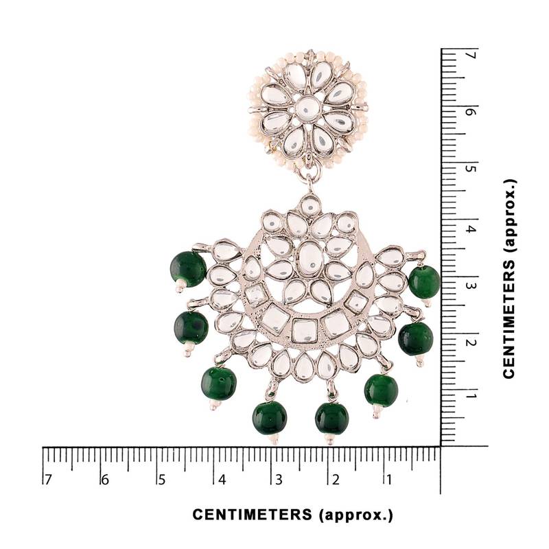 Rhodium Plated Kundan & Faux Pearl Chandbali Earrings with Maang Tikka Set