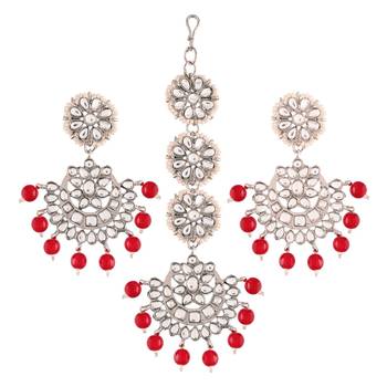  Rhodium Plated Kundan & Faux Pearl Chandbali Earrings with Maang Tikka Set 2