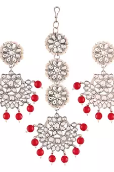  Rhodium Plated Kundan & Faux Pearl Chandbali Earrings with Maang Tikka Set