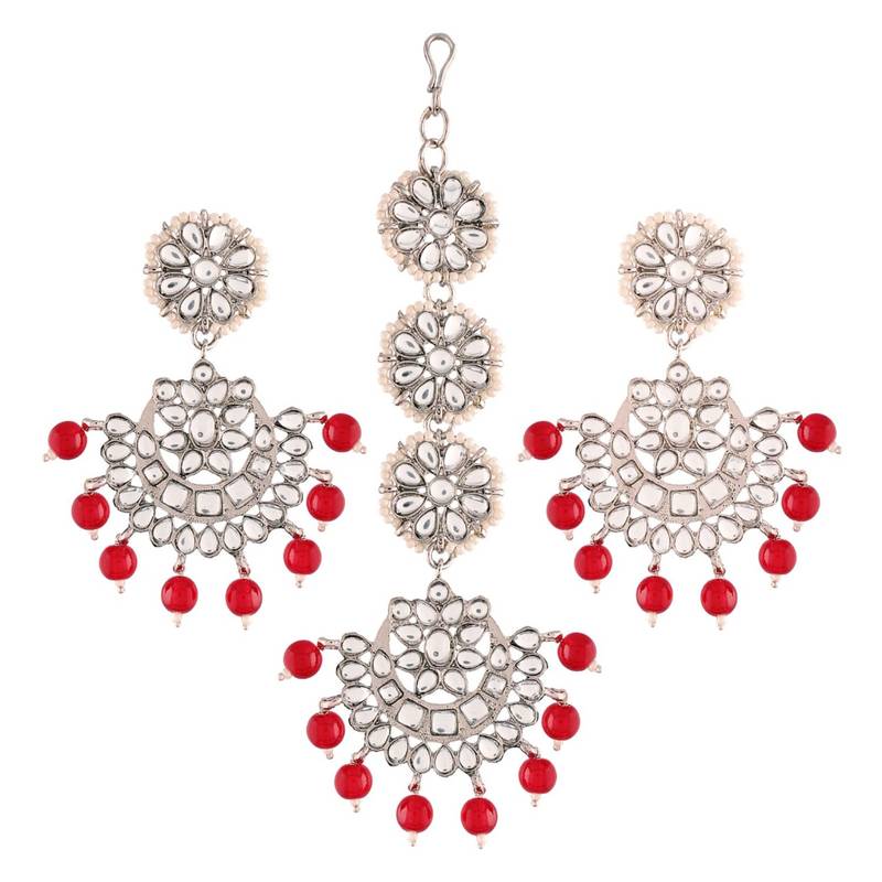  Rhodium Plated Kundan & Faux Pearl Chandbali Earrings with Maang Tikka Set