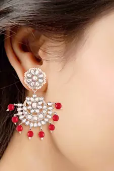  Rhodium Plated Kundan & Faux Pearl Chandbali Earrings with Maang Tikka Set