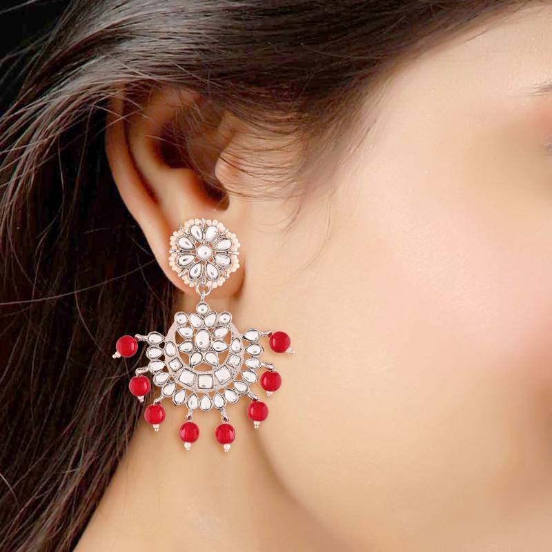  Rhodium Plated Kundan & Faux Pearl Chandbali Earrings with Maang Tikka Set