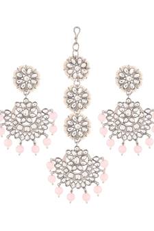 Rhodium Plated Kundan & Faux Pearl Chandbali Earrings with Maang Tikka Set