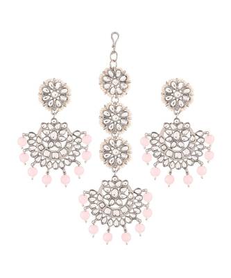 Rhodium Plated Kundan & Faux Pearl Chandbali Earrings with Maang Tikka Set 1