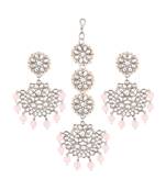 Rhodium Plated Kundan & Faux Pearl Chandbali Earrings with Maang Tikka Set