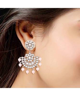 Rhodium Plated Kundan & Faux Pearl Chandbali Earrings with Maang Tikka Set 2