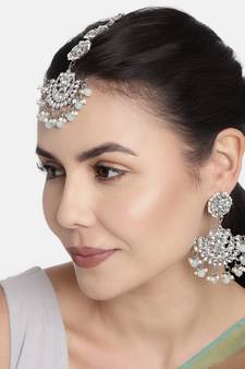 Rhodium Plated Kundan & Faux Pearl Chandbali Earrings with Maang Tikka Set