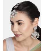 Rhodium Plated Kundan & Faux Pearl Chandbali Earrings with Maang Tikka Set