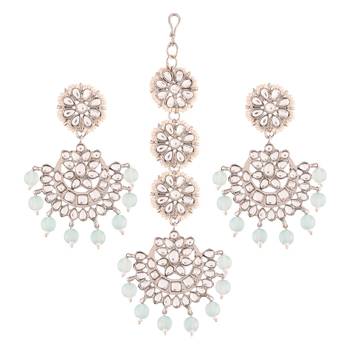 Rhodium Plated Kundan & Faux Pearl Chandbali Earrings with Maang Tikka Set 2