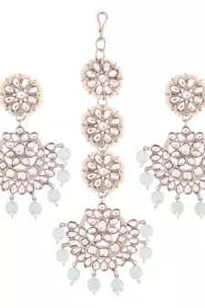 Rhodium Plated Kundan & Faux Pearl Chandbali Earrings with Maang Tikka Set