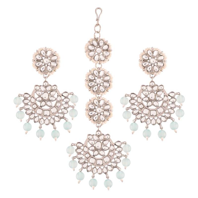 Rhodium Plated Kundan & Faux Pearl Chandbali Earrings with Maang Tikka Set
