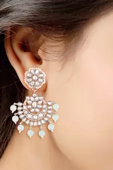 Rhodium Plated Kundan & Faux Pearl Chandbali Earrings with Maang Tikka Set