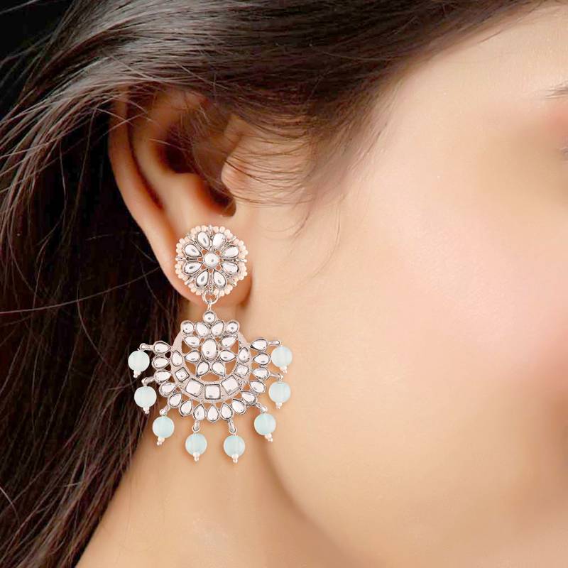 Rhodium Plated Kundan & Faux Pearl Chandbali Earrings with Maang Tikka Set