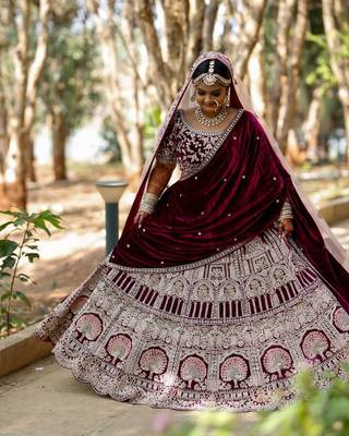 Maroon Colored Bridal Velvet material Lehenga Choli 1