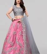 Silver and Pink Colored Partywear Designer Embroidered Net with silk Lehenga Choli