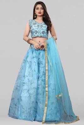 Sky Blue Colored Partywear Designer Embroidered Net with silk Lehenga Choli 1