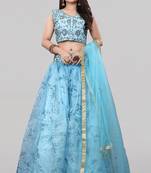 Sky Blue Colored Partywear Designer Embroidered Net with silk Lehenga Choli