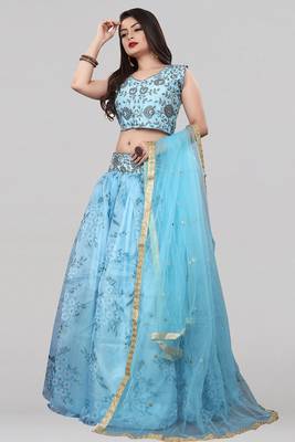Sky Blue Colored Partywear Designer Embroidered Net with silk Lehenga Choli 2