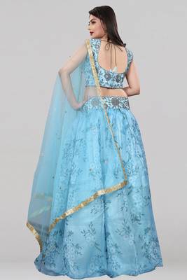 Sky Blue Colored Partywear Designer Embroidered Net with silk Lehenga Choli 3