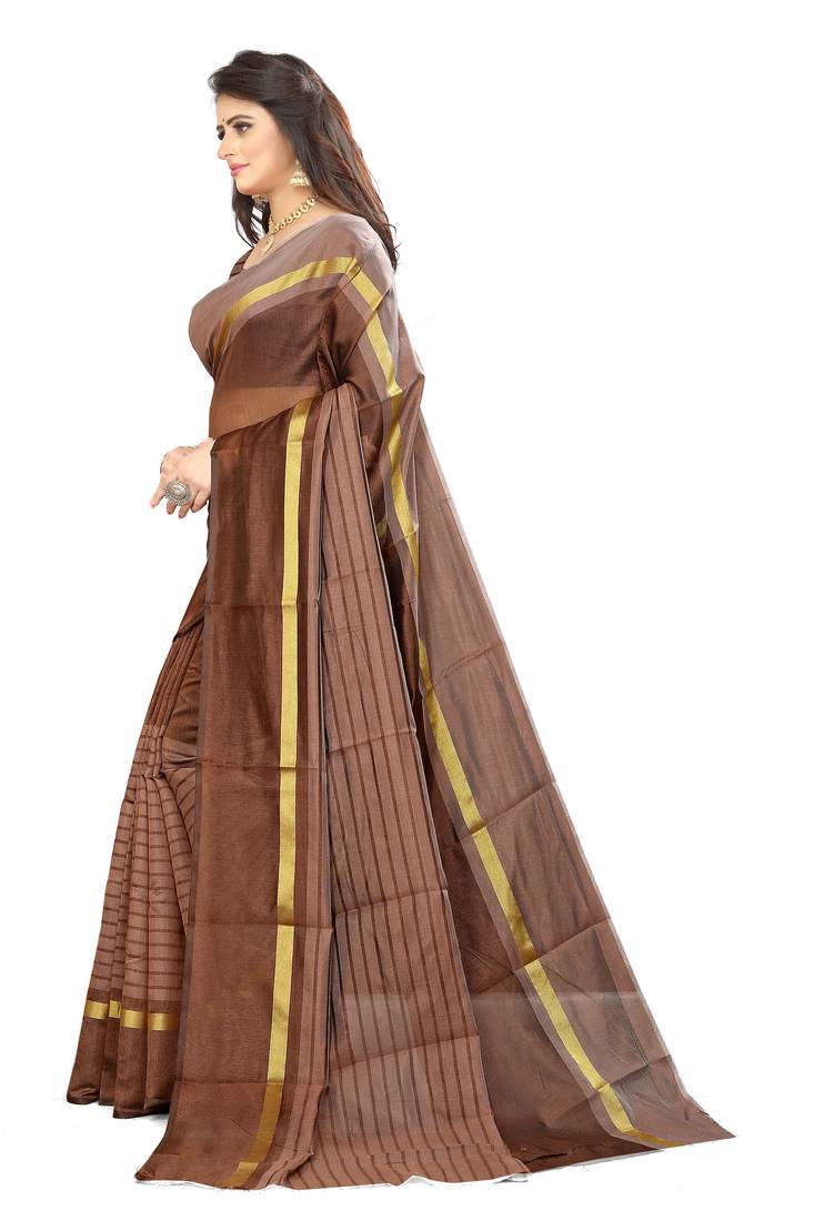 Brown Art Silk  plain   saree with blouse