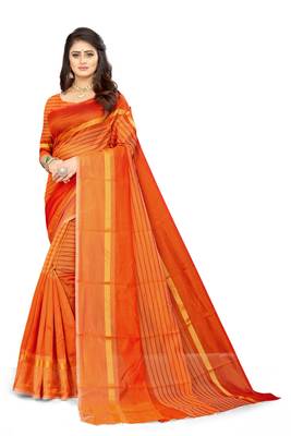 Orange Art Silk  plain   saree with blouse 1