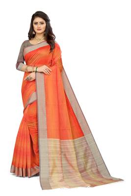 Orange Cotton plain   saree with blouse 1