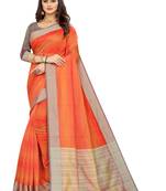 Orange Cotton plain   saree with blouse