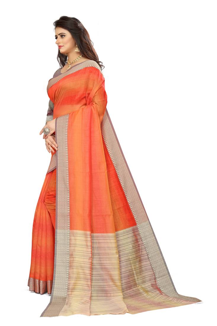 Orange Cotton plain   saree with blouse
