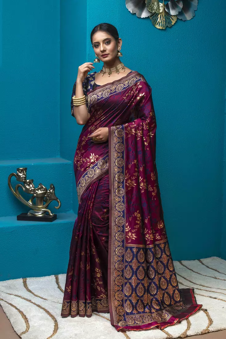 Magenta woven art silk saree with blouse