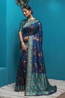 Blue woven art silk saree with blouse