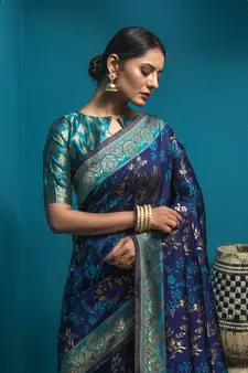Blue woven art silk saree with blouse