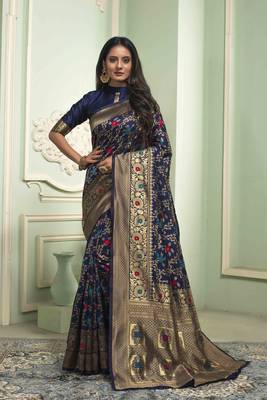 Navy Blue Woven Art Silk Saree With Blouse 1