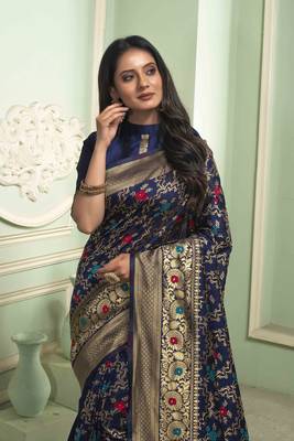 Navy Blue Woven Art Silk Saree With Blouse 2