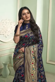 Navy Blue Woven Art Silk Saree With Blouse