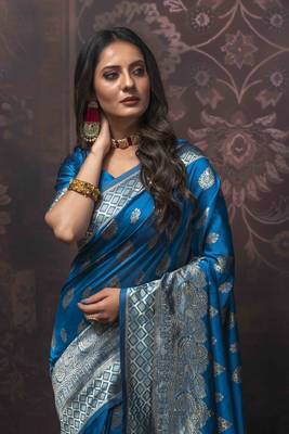 Sky blue woven art silk saree with blouse 3