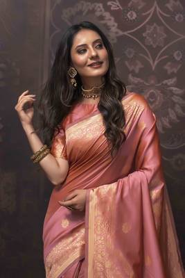 Peach Woven Art Silk Saree With Blouse 2