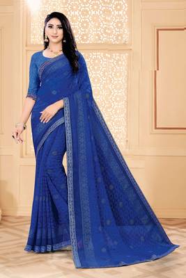 Blue Bright Chiffon Printed with lace work Designer Saree 1