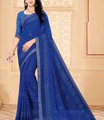 Blue Bright Chiffon Printed with lace work Designer Saree