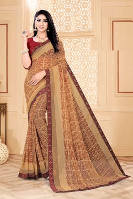 Brown Bright Chiffon Printed with lace work Designer Saree 1