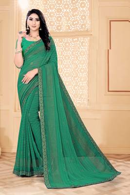 Green Bright Chiffon Printed with lace work Designer Saree 1
